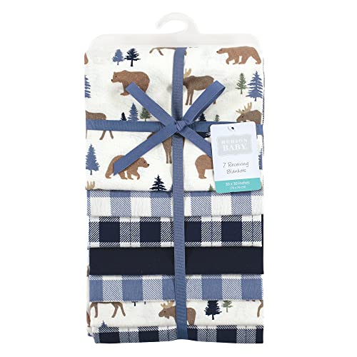 Image of Little Treasure Hudson Baby Cotton Poly Flannel Receiving Blankets Multipack, Blue Moose Bear, 30x30 inches