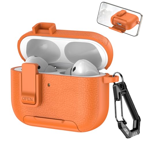 Image of Rugged Case Cover for Apple Airpods Pro 3 (2025), TPU + PC with Leather Texture, Clip Lock Design, Includes Phone Stand, Carabiner, Black (Orange, Leather with Stand)