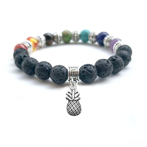 Black Lava Agate Stone Bracelet Stretch Natural Chakra Gemstone Beads Pineapple Charm Bracelet Bangle With Elastic Rope String Yoga Jewelry For Women Girls 2Pcs(Lava Chakras+Matte Agate Chakras) #TOP3