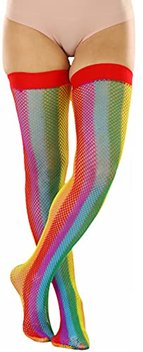Image of ToBeInStyle Women's Rainbow Bright Multicolor Nylon Thigh High Stockings