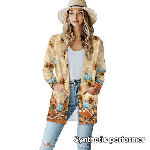 Image of Fall Maple Leaf Cardigan Sweaters for Women Long Sleeve Cardigan Soft Drape Open Front Dusters V-Neck Jackets Dressy