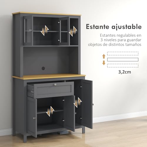 HOMCOM Alacena de Cocina Alta, Mueble Auxiliar de Cocina, con 5 Puertas, Estante Ajustable, Cajón, Encimera Abierta de Microondas, Orificio para Cable, 100x40x180 cm, para Comedor, Salón, Gris - imagen 5