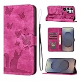 LSPCASA Carcasa para Samsung Galaxy S25 Ultra 5G Material De Piel Sintética Funda S25 Ultra/SM-S938B con Ranuras para Tarjetas Patrón De Mariposa De Gato Movil S25 Ultra/SM-S938B, Rosa