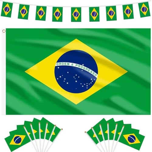 AhfuLife Drapeau Brésilien Decoration Kits, 90x150cm Drapeau Brésil, 12m Guirlande Drapeau...