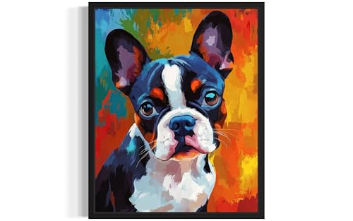 Image of Boston Terrier Colorful Abstract Black Framed Wall Art Print Poster, Dog Pet Lover Picture Painting Artwork Bedroom Living Room Office Dining Room 150D (Boston Terrier Colorful Abstract, 14 inchL x 11 inchW, Black Frame)