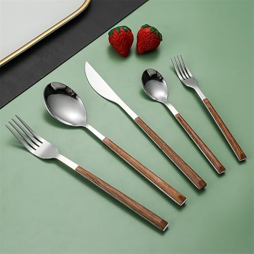 Elegance Silverware Set for 16 Imitation Wood Handle Tableware Set Wooden Utensil Set Thickened 18/10 Stainless Steel Cutlery Set 80Pcs Knife Fork Spoon