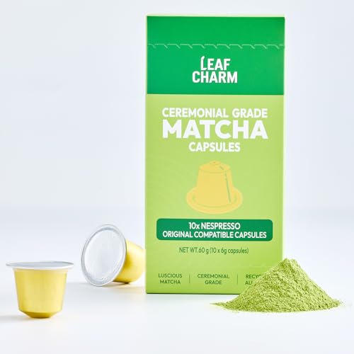 LeafCharm Ceremonial Grade Matcha Pods for Nespresso, Pure & Premium,Compatible with Nespresso Original, 10 Recyclable Capsules