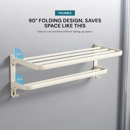 Image of MIORAH 24 Inch Powder - Coated Aluminium Towel Rack with Hooks - Rust - Free, Space - Saving Bathroom No Drill Self Adhesive Towel Rack Easy Installation White