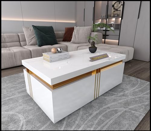 Image of Premium Marble-Top Wooden Center Table for Living Room | Coffee Table | Contemporary Design Craftsmanship (White with Drawer -42x24x17 Inch)