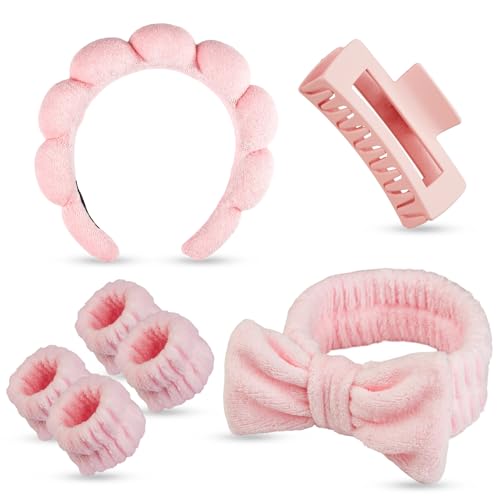 Yaqulen 7 Pcs Spa Set Facial Headband and Wristband Set Skincare Accessories College Style Girl Idea Gifts Hair Accessories for Women and Girls (Pink)