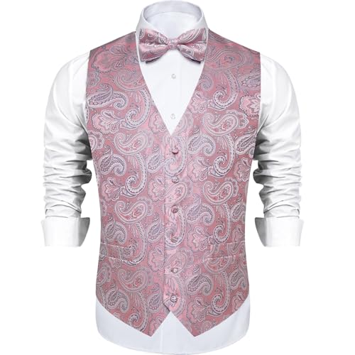 Image of DiBanGu Mens Paisley Suit Waistcoat,Silk Dress Vest and Bowtie Pocket Square Cufflinks with Lapel Pin Set for Wedding Tuxedo, Blush Pink, 3X-Large