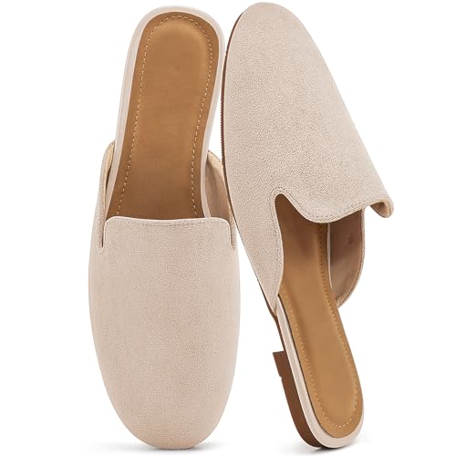 Ecetana Mules for Women Flats Shoes: Comfortable Slip On Casual Work Slides Round Toe Backless Loafers Apricot