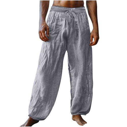 Men's Casual Linen Pants Elastic Waist Drawstring Beach Summer Wide Leg Lounge Pants Lightweight Linen Trousers Loose