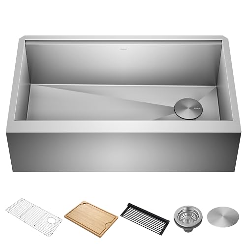 Kraus Kore 33-Inch Farmhouse Workstation with In Sink Dish Drying Rack, Stainless Steel Kitchen Sink, KWF410-33