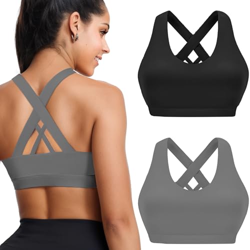 Image of Buauty 2 Packs Sports Bras for Women, High Impact Yoga Workout Bra, High Support Criss-Cross Back Bras for Large Bust, Wireless Padded Athletic Strappy Racerback Sports Bra, Black+Grey L