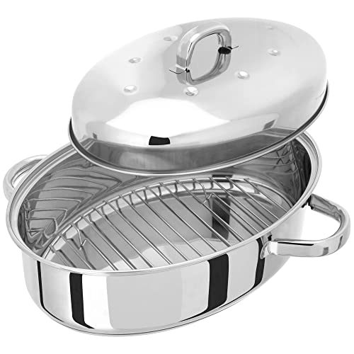Judge TC182 Stainless Steel High Oval Roaster with Lid, 38cm x 32cm x 19cm, Thermic Base, Oven Safe, Dishwasher Safe - 25 Year Guarantee