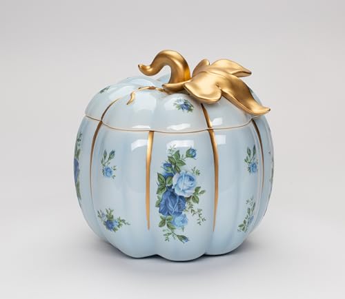 Cosmos Gifts Fine Ceramic Thanksgiving Harvest Victorian Rose Blue Pumpkin Cookie Candy Jar, 6-5/8