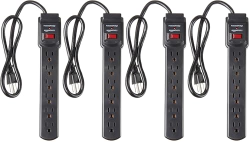 Image of Amazon Basics 6-Outlet Surge Protector Power Strip with 200J Protection, Circuit Breaker, 2ft Extension Cord, Black, 4-Pack