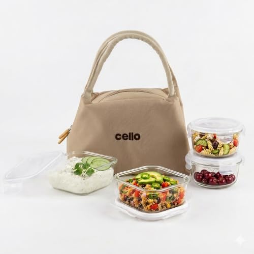 Image of CELLO Alba Glass Lunch Box with Bag for Office Use, Beige | 2 x 320ml Square + 2 x 240ml Round Microwave Safe Containers with Spoon & Fork, Fridge Safe Leak Proof Airtight Tiffin Box Set for Travel