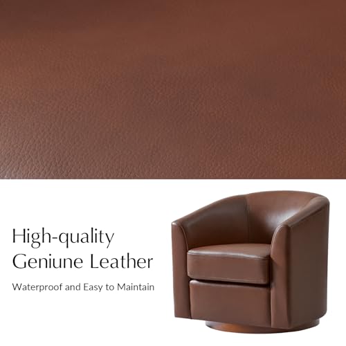 Image of HULALA HOME Genuine Leather Swivel Barrel Chairs Set of 2, Round Swivel Accent Chairs with Solid Wood Base, Leather Barrel Accent Chair for Living Room, No Assembly Required, Brown
