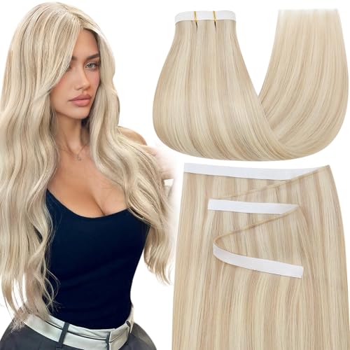 Image of Moresoo Blonde Tape in Weft Human Hair Extensions, 16 Inch, 65g, 2pcs | Ash Blonde Mix Bleach Blonde, Genius Weft Tape in Extensions, Wide Tape Weft, Remy Human Hair, Seamless Natural Blend