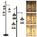 Airposta Dimmable Floor Lamps for Living Room, 3-Light Industrial Floor Lamp with Wood & Metal Cage, Farmhouse Standing Lamp Tall Tree Lamp for Bedroom Office, Rustic Black Tall Floor Lamp for Corner