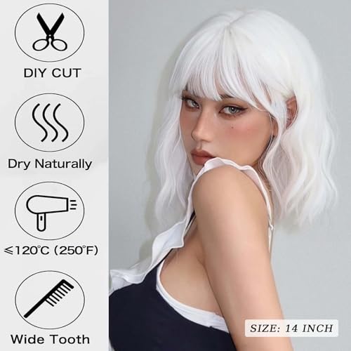 andromeda White Wavy Wig with Bangs Soft Short Bob Wigs for Women Synthetic Shoulder Length Women's Wig for Halloween Costumes Cosplay Daily (White) — view 5