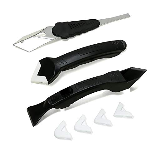 Caulking Tool Kit, 3 in 1 Caulk Tool Silicone Sealant Replace & Removal Tool with 4 Replaceable Pads and Silicone Scraper Tool Set for Bathroom Kitchen Room (black)