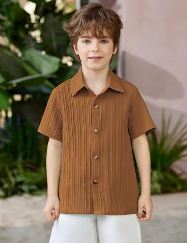 Image of Arshiner Boys Casual Short Sleeve Button Down Shirt Fashion Textured Summer Beach Shirt 3-13 Years Old