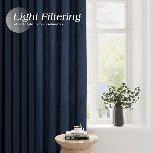 Image of Extra Long Navy Blue Linen Curtains 120 Inches Length for Living Room Grommet 2 Panels Set Dark Blue Sheer Window Curtain for Boys Bedroom,Farmhouse Boho Privacy Chinoiserie Decor Drapes 52x120