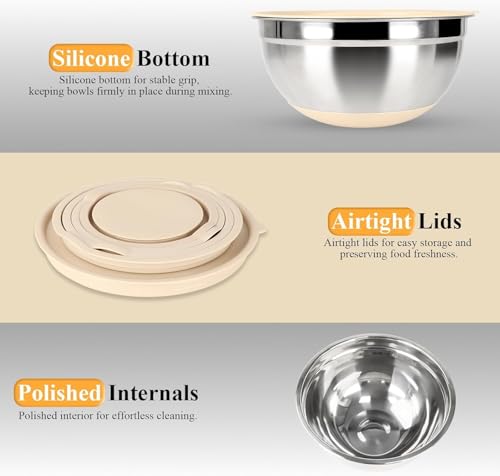 Image of 5-Piece Mixing Bowls with Lids, 3 Grater Attachments, Stainless Steel Salad Bowls for Kitchen, Size 4.6, 3.5, 2.5, 2, 1.5QT Ideal for Baking, Non-Slip Bottoms, Mixing and Serving, Khaki