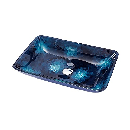 Lavabo sobre encimera de Vidrio Templado Rectangular con diseño de Flores Azules y Grifo de Cascada, Pintado a Mano, para decoración del Hog