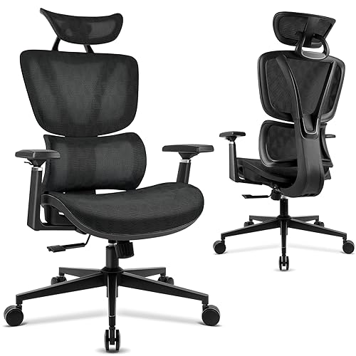Silla De Oficina Ergonómica,Silla De Escritorio De Malla Con Ajustable Soporte Lumbar,Reposacabezas,3d Apoyabrazos,Silla Giratoria De Oficina Con Mecanismo De Inclinación,Silla De Trabajo Negro
