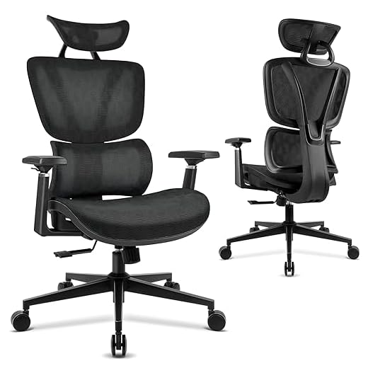 Silla de Oficina Ergonómica,Silla de Escritorio de Malla con Ajustable Soporte Lumbar,Reposacabezas,3D Apoyabrazos,Silla giratoria de Oficina con Mecanismo de Inclinación,Silla de Trabajo (Negro)