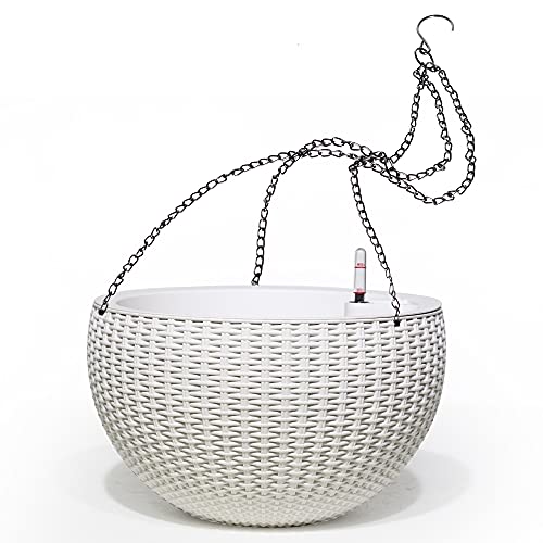 Dexceder 9 Inch Self Watering Hanging Planters Indoor Outdoor, Thickened Hanging Basket Flower Plant Pot with Water Level Indicator (White)