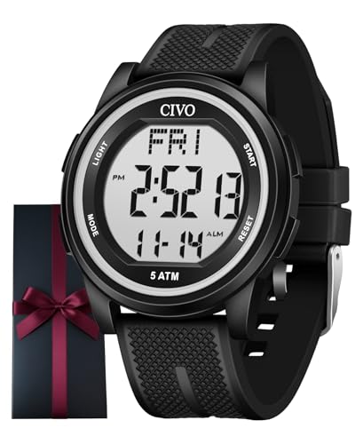 CIVO Digital Mens Watches Sports: 50m Waterproof Black Wristwatch with Stopwatch Alarm Date - LED Screen Big Numbers Watch for Men Outdoor - Camping Hiking Cycling