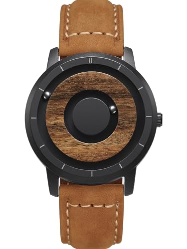 EUTOUR Reloj de Madera para Hombre Magnetico Cuarzo Sin Vidrio Rodamiento de Bolas Relojes de Pulsera para Hombres con Correa en Cuero Marrón Clar