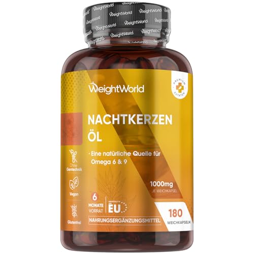 Nachtkerzenöl Weichkapseln - 1000 mg pro Softgel - 6 Monate Vorrat - 180 vegane Softgels - Omega 6 (Linolensäure GLA) & 9 - Evening Primrose Oil - Frei von Gluten & Gentechnik - WeightWorld