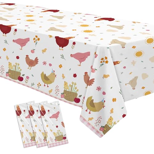 Image of Chicken Party Decorations Tablecloth for Birthday Baby Shower, 3 Pack Farm Animal Barnyard Little Chick Birthday Party Supplies Table Cover, 55in x 86in