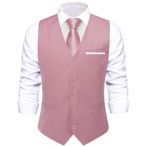 Image of Hi-Tie Men's Formal Suit Vest Solid Fit Vest for Men 3 Pockets V Neck Waistcoat Business Wedding Casual