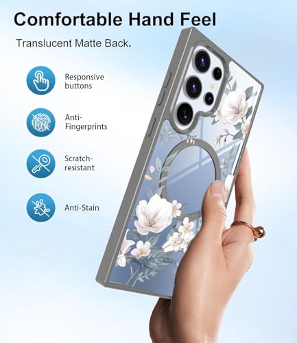 Image of VONZEE Compatible with Samsung Galaxy S25 Ultra 5G Case Luxury Retro Flowers Floral Clear for Magnetic Wireless Charging Case Shockproof Case PC+TPU Cute Glossy Shiny Cover for Girls Women, Grey