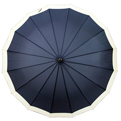Guarda Chuva Grande Azul com Bege Cabo de Madeira Curvo