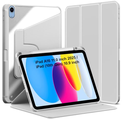 Image of TGK Rotating Case for Ipad 10Th Gen 10.9 Inch 2022 (A2757 / A2777 / A2696) iPad A16 11.0 inch 2025 with Pencil Holder 360 Degree Rotation Protective Trifold Stand Cover Clear Back (Grey)