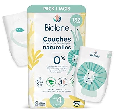 Biolane - Couches éco-responsables taille 4 (7 - 18 kg) - Pack 1 mois - 3 paquets (132 couches) - Zéro fuite pendant 12h - Fabriqué en France