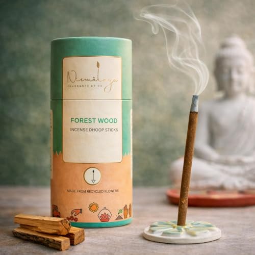 Image of Nirmalaya Premium Forestwood Bambooless Dhoop Sticks (40 Sticks) with Ceramic Stand Sacred Temple Flower | 100% Charcoal-Free | for Pooja, Meditation, Yoga & Home Fragrance