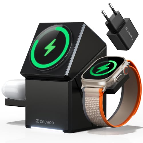 Image of ZEEHOO 3 in 1 Charging Station, iPhone Charging Station for Apple MagSafe Charger, 15W Fast Wireless Charger, for Apple Watch, for iPhone 17,16 15,14,13,12 Series, AirPods (Black)