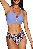 Herausnehmbare Softpads CUPSHE Damen Bikini Set mit Zierriemen Cut-Out Bademode Zweiteiliger Badeanzug Purple M
