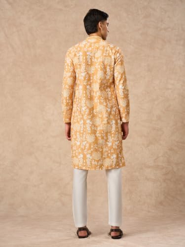 Image of Manyavar Men's Cotton Blend Floral Print Full Sleeves Long Kurta Pyjama Set (2pcs)