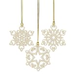 Lenox Ornament, Mini Snowflake 3-Piece Tree Ornament Set, Set Of 3, Porcelain Material, Gold Hanging Cord, Tree Decoration, Christmas Decorations, Christmas Ornaments, Snowflake Design (3 Pieces)