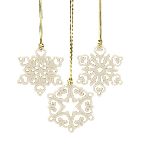 Lenox Ornament, Mini Snowflake 3-Piece Tree Ornament Set, Set Of 3, Porcelain Material, Gold Hanging Cord, Tree Decoration, Christmas Decorations, Christmas Ornaments, Snowflake Design (3 Pieces)